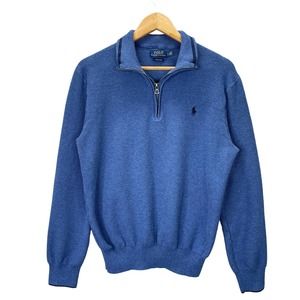 Polo Ralph Lauren Blue Pima Cotton Quarter Zip Pullover Sweater Size LG